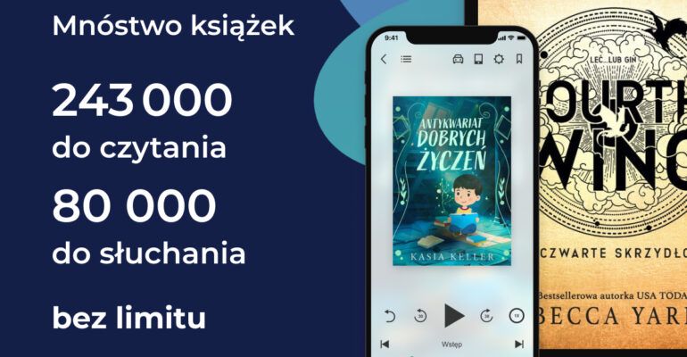 Zdjęcie przedstawia grafikę: smartfon i e-book z otwartą aplikacją Legimi oraz napis "Legimi Mnóstwo książek 243 tysiące do czytania, 80 tysięcy do słuchania bez limitu. Zapytaj bibliotekarza o kod dostępu"